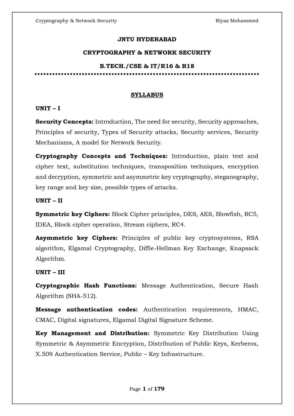 Cryptography And Network Security Syllabus Jntuh R18