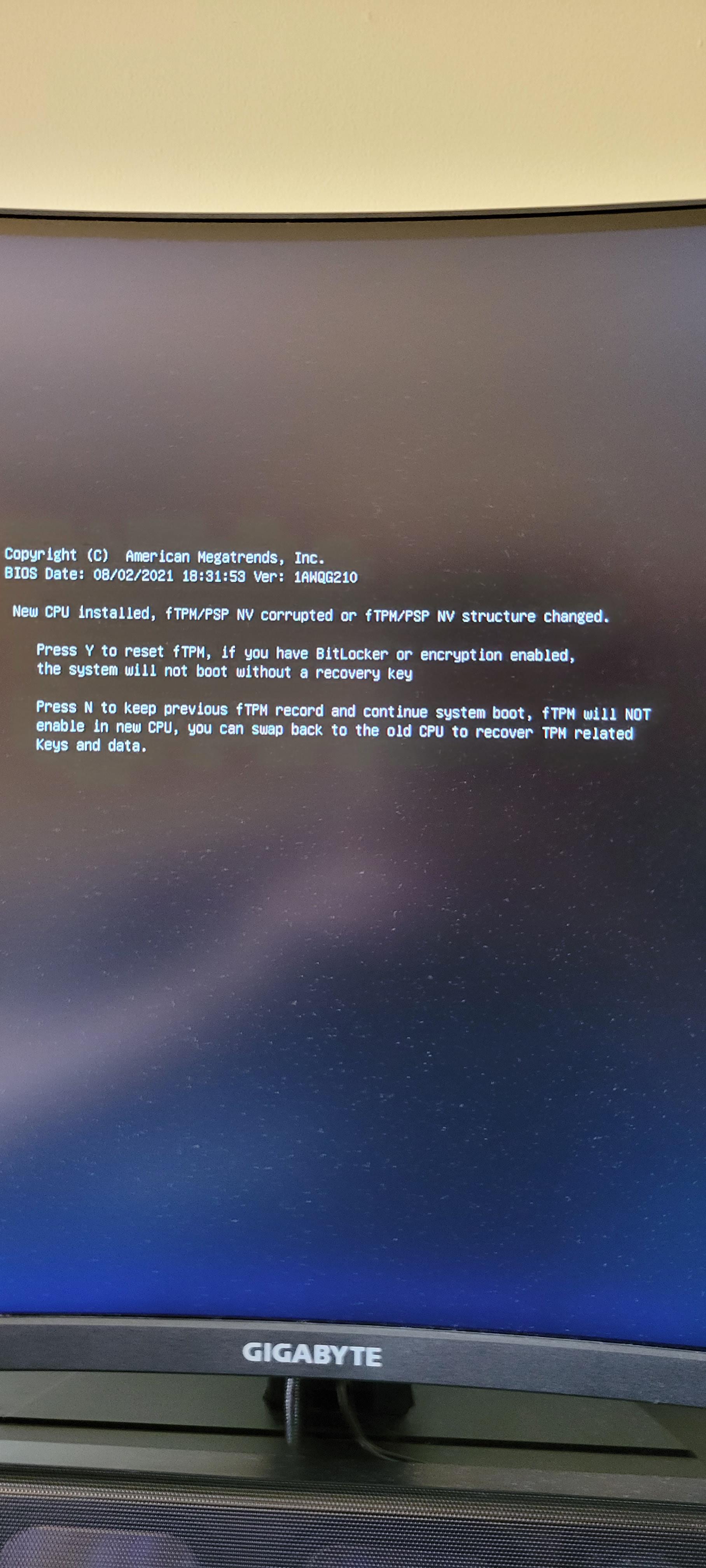 New CPU Installed Press Y To Reset Ftpm