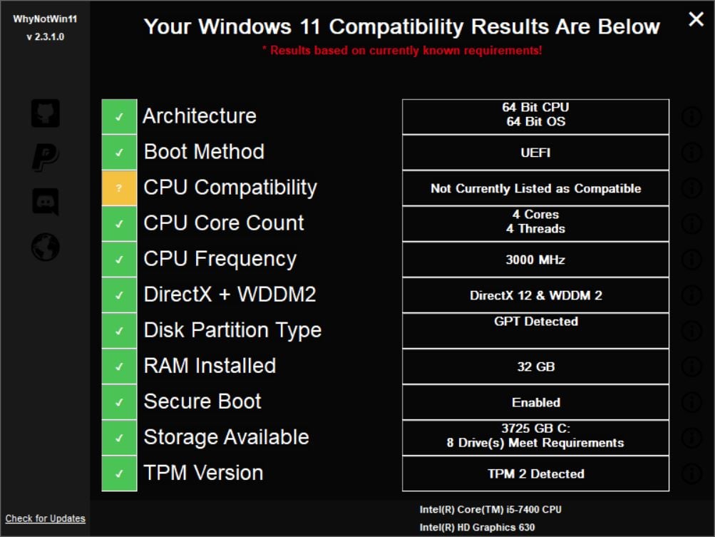 Intel Core I5 7400 CPU 3.00ghz Windows 11