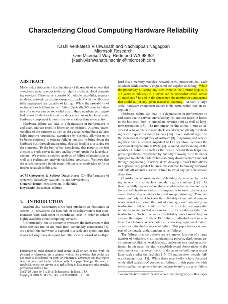 Characterizing Cloud Computing Hardware Reliability