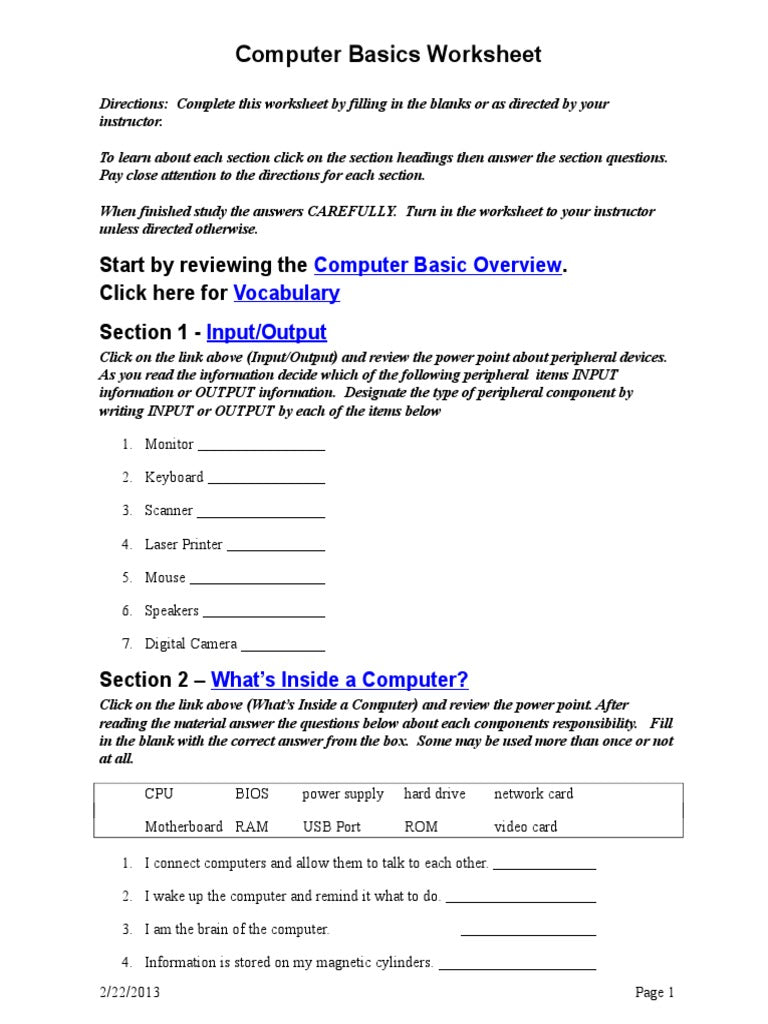 Fill In The Blank Computer Basics Hardware Answer Key