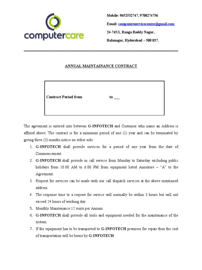 Annual Maintenance Contract For Computer Hardware