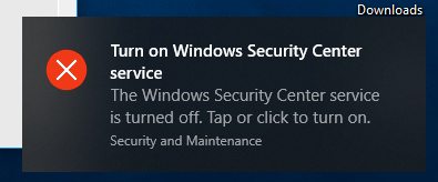 Windows Security Service Center Is Turned Off