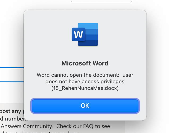 Microsoft Word User Does Not Have Access Privileges