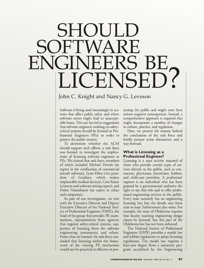 Should Software Engineers Be Licensed