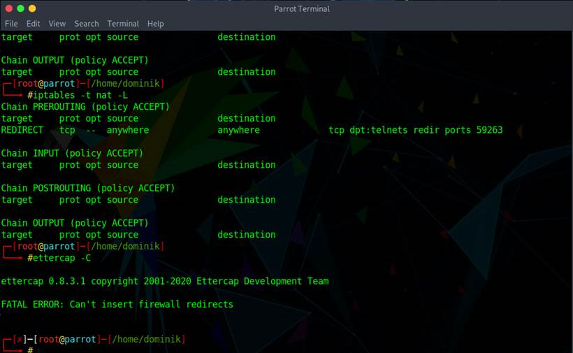 Ettercap Can’t Insert Firewall Redirects