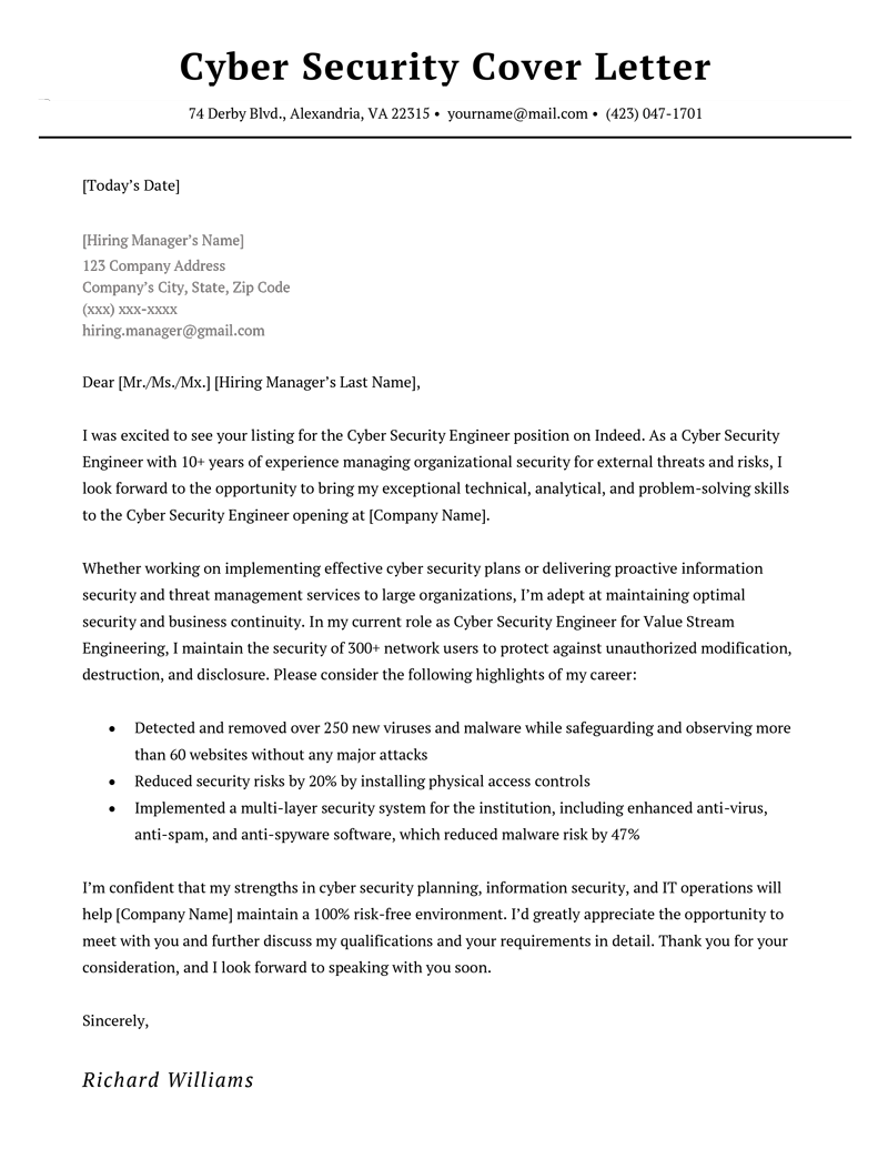 Cover Letter For Network Security Engineer