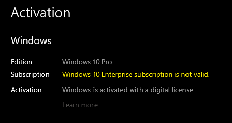 Windows 10 Enterprise Subscription Is Not Valid