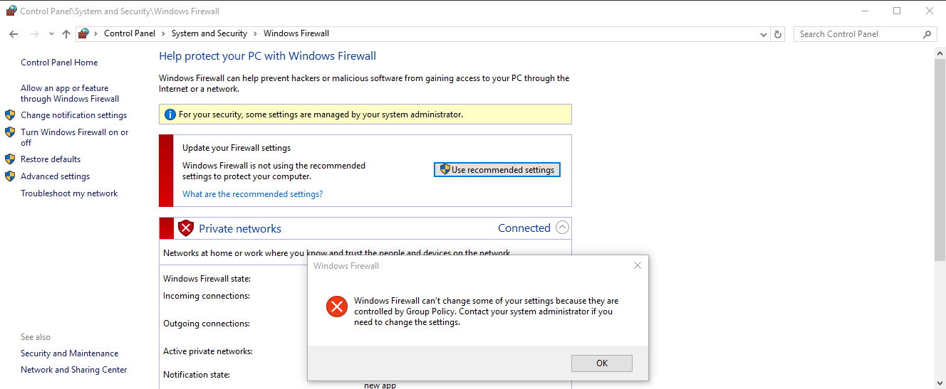 Firewall For Your Security Some Settings Are Managed