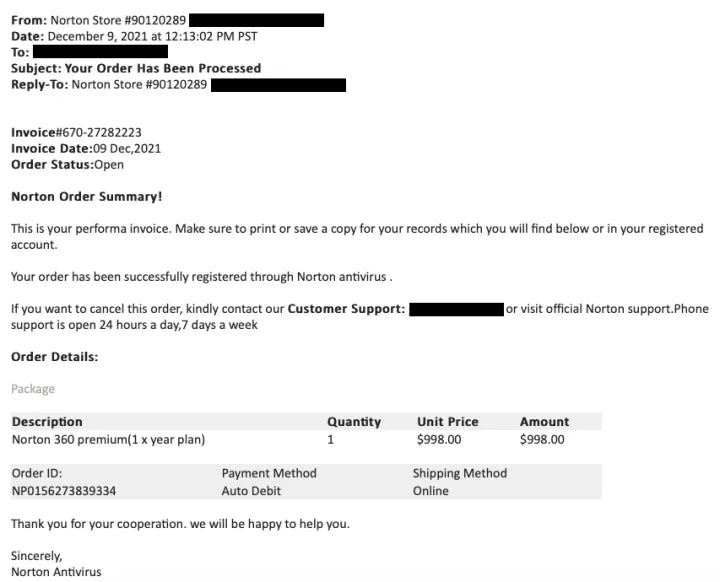 Norton Antivirus Renewal Email Scam