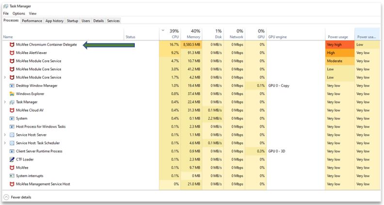 McAfee Chromium Container Delegate High CPU Usage