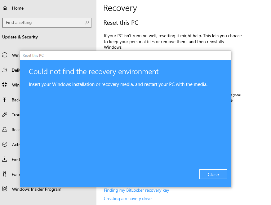 Could Not Find The Recovery Environment Windows 10 Reset