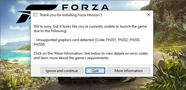 Forza Horizon 5 Graphics Card Not Supported