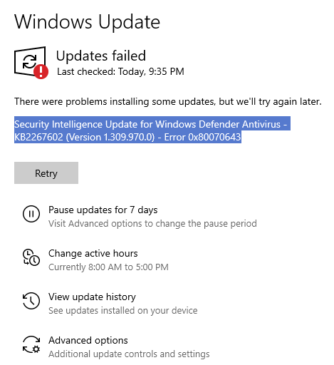 Security Intelligence Update For Windows Defender Antivirus Failed