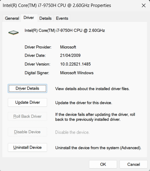 Intel Core I7 CPU Driver Update