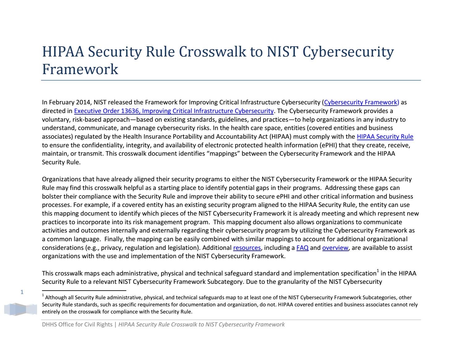 HIPAA Security Rule Crosswalk To Nist Cybersecurity Framework