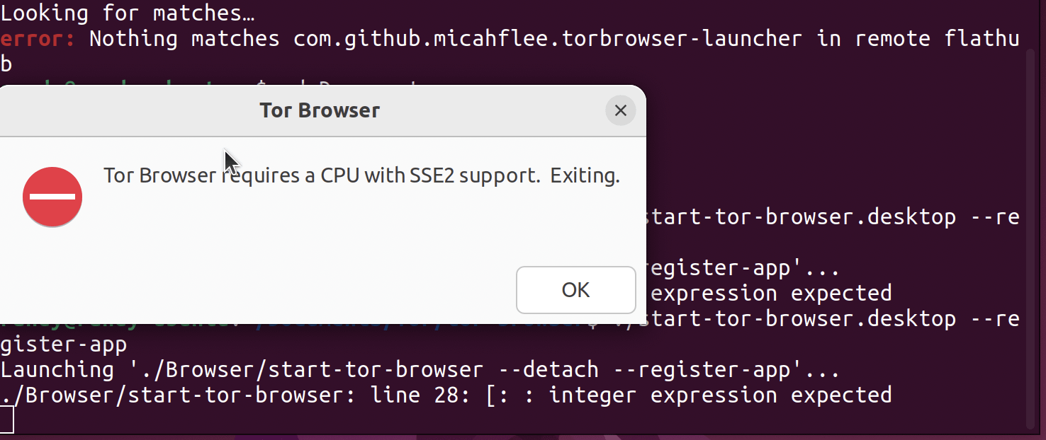 Tor Browser Requires A CPU With SSE2 Support Exiting